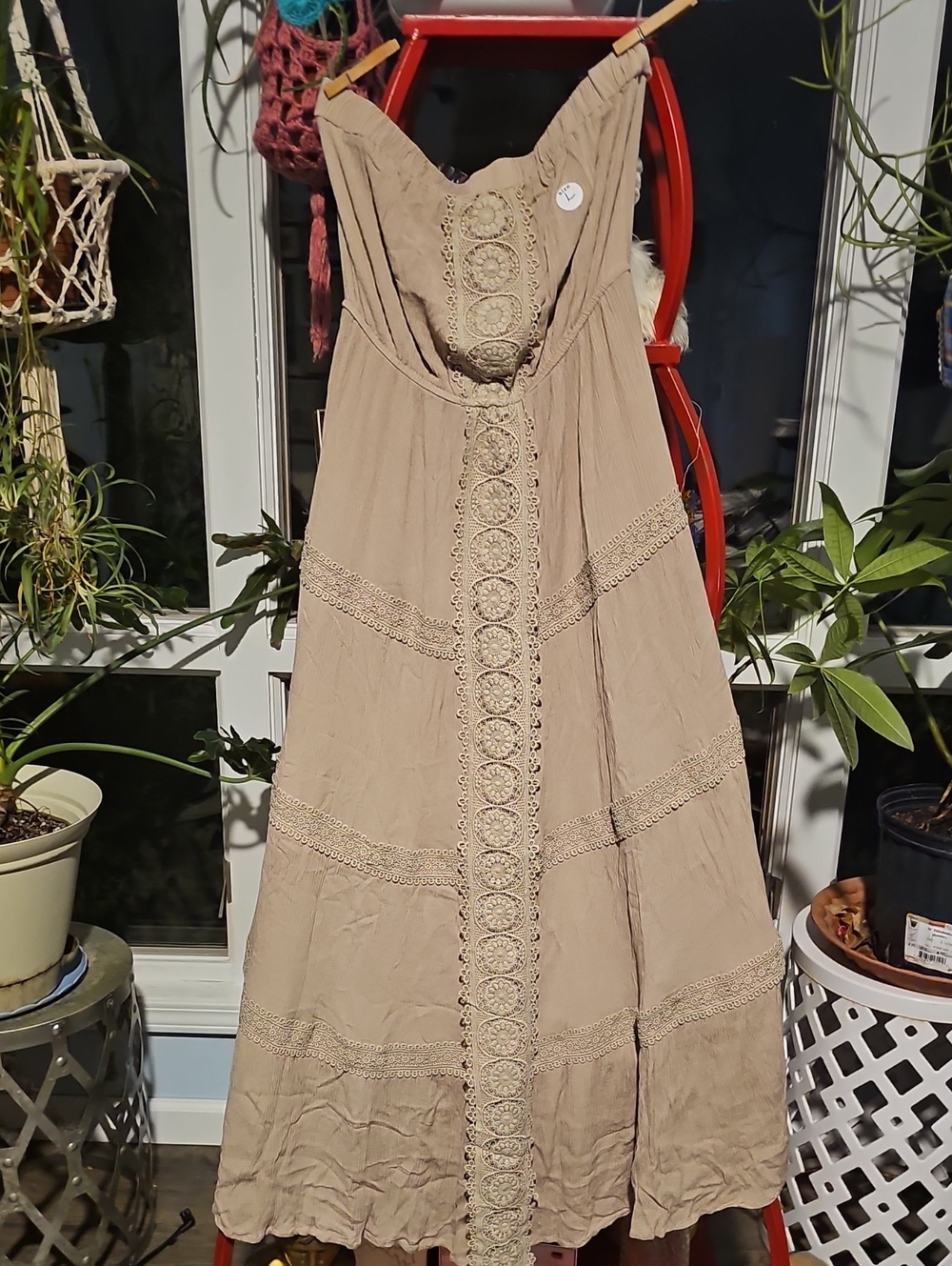 Justify Beige Strapless Lace-Trim Maxi Dress Large Bohemian Flare Women